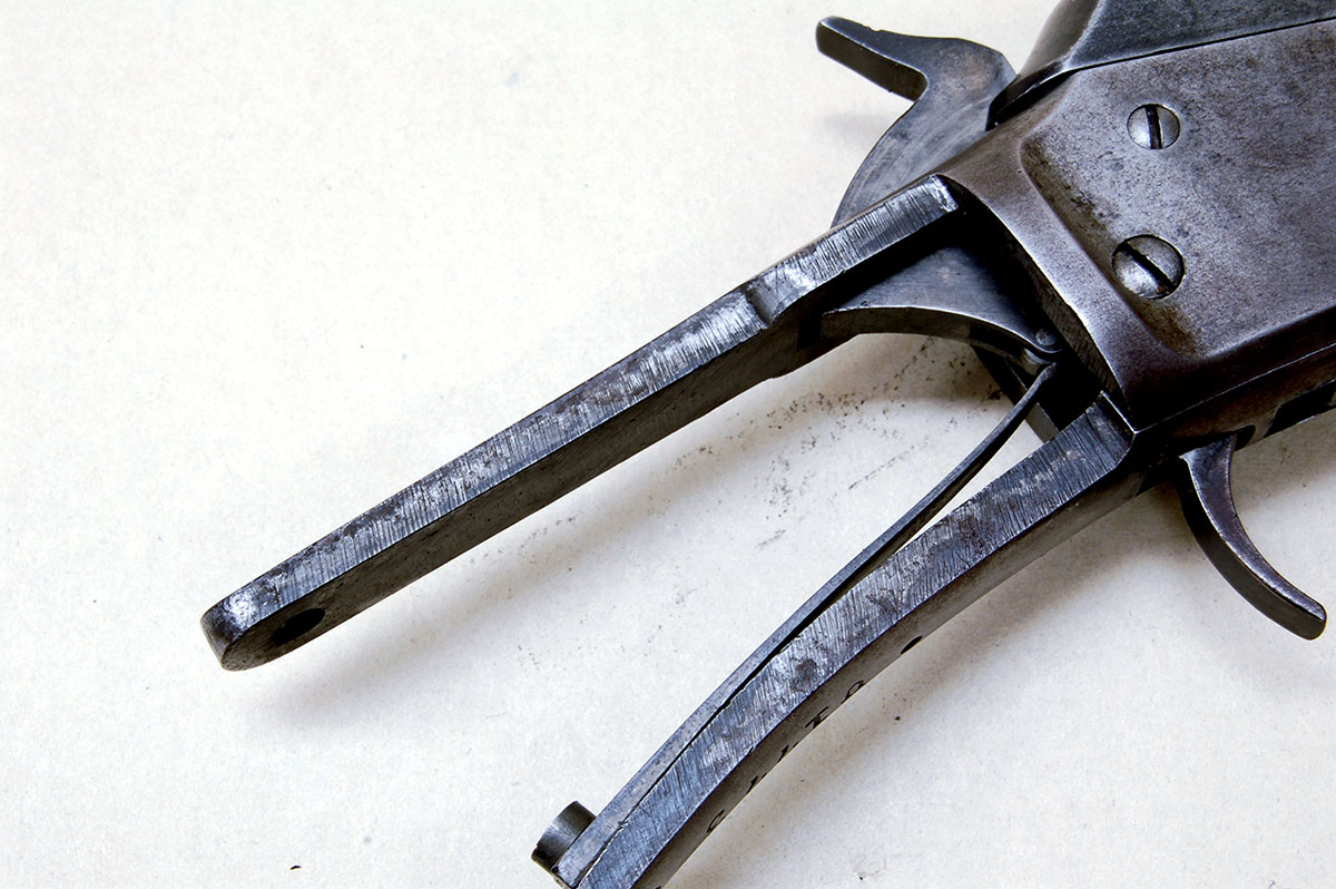 Mainspring is long and thin and can be weak. Hammer has a roller attached to make cocking smoother.